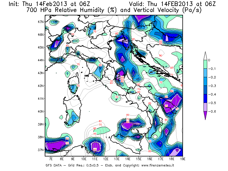 Mappa di analisi GFS - Umidità relativa [%] e Omega [Pa/s] a 700 hPa in Italia
									del 14/02/2013 06 <!--googleoff: index-->UTC<!--googleon: index-->