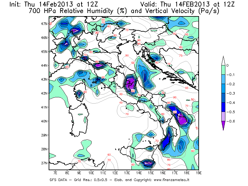 Mappa di analisi GFS - Umidità relativa [%] e Omega [Pa/s] a 700 hPa in Italia
									del 14/02/2013 12 <!--googleoff: index-->UTC<!--googleon: index-->