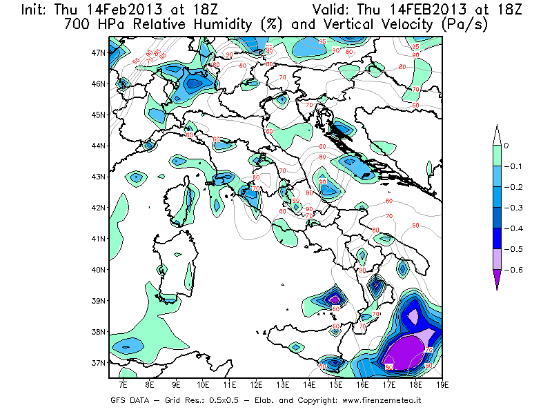 Mappa di analisi GFS - Umidità relativa [%] e Omega [Pa/s] a 700 hPa in Italia
									del 14/02/2013 18 <!--googleoff: index-->UTC<!--googleon: index-->