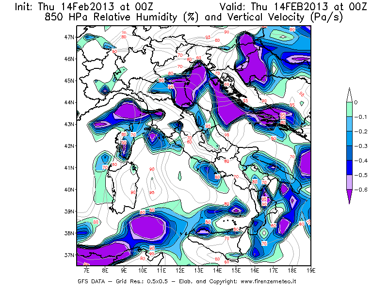 Mappa di analisi GFS - Umidità relativa [%] e Omega [Pa/s] a 850 hPa in Italia
									del 14/02/2013 00 <!--googleoff: index-->UTC<!--googleon: index-->