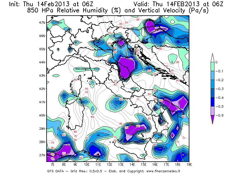 Mappa di analisi GFS - Umidità relativa [%] e Omega [Pa/s] a 850 hPa in Italia
							del 14/02/2013 06 <!--googleoff: index-->UTC<!--googleon: index-->