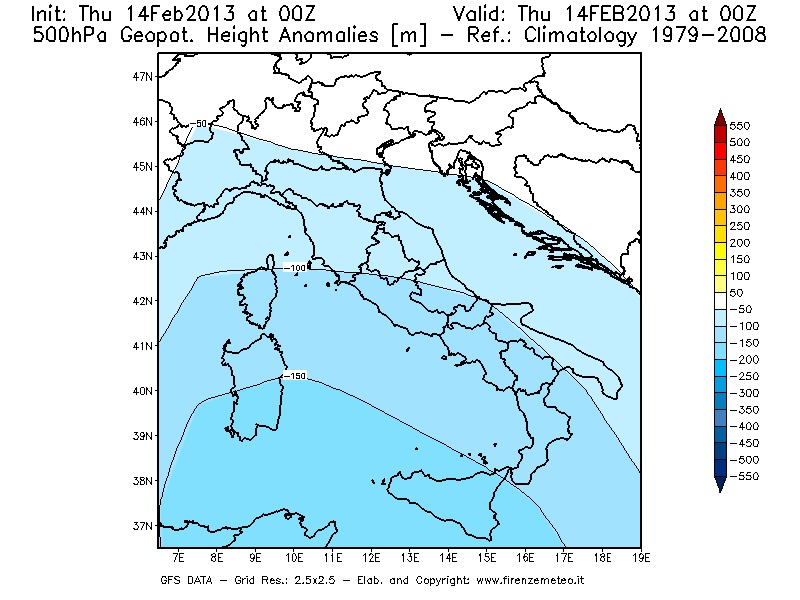 Mappa di analisi GFS - Anomalia di Geopotenziale a 500 hPa in Italia
							del 14/02/2013 00 <!--googleoff: index-->UTC<!--googleon: index-->