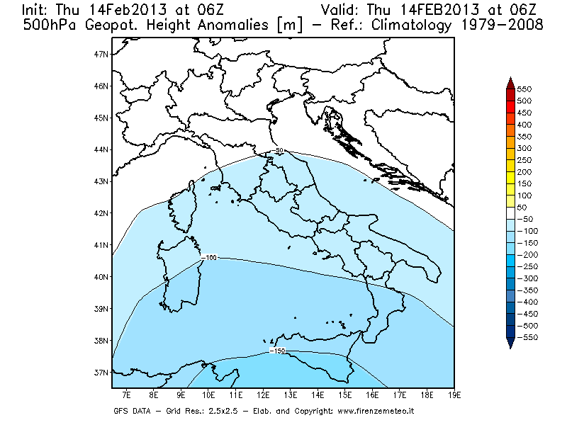 Mappa di analisi GFS - Anomalia di Geopotenziale a 500 hPa in Italia
							del 14/02/2013 06 <!--googleoff: index-->UTC<!--googleon: index-->
