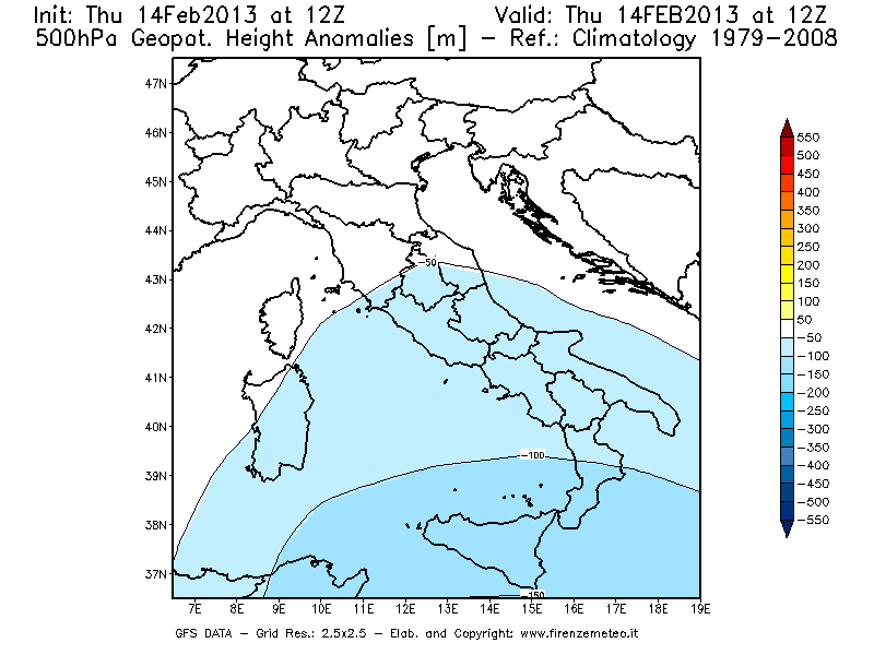 Mappa di analisi GFS - Anomalia di Geopotenziale a 500 hPa in Italia
									del 14/02/2013 12 <!--googleoff: index-->UTC<!--googleon: index-->