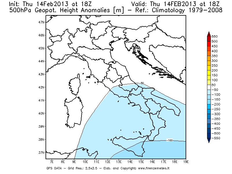 Mappa di analisi GFS - Anomalia di Geopotenziale a 500 hPa in Italia
							del 14/02/2013 18 <!--googleoff: index-->UTC<!--googleon: index-->