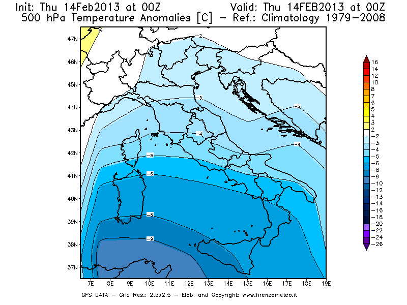 Mappa di analisi GFS - Anomalia Temperatura [°C] a 500 hPa in Italia
									del 14/02/2013 00 <!--googleoff: index-->UTC<!--googleon: index-->
