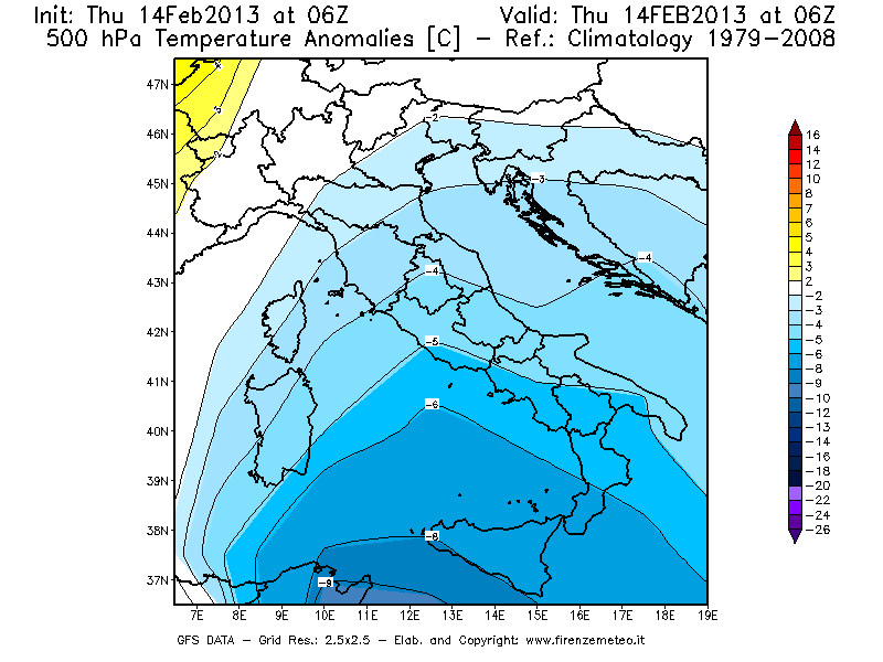 Mappa di analisi GFS - Anomalia Temperatura [°C] a 500 hPa in Italia
									del 14/02/2013 06 <!--googleoff: index-->UTC<!--googleon: index-->