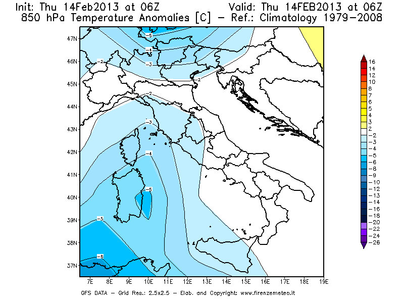 Mappa di analisi GFS - Anomalia Temperatura [°C] a 850 hPa in Italia
							del 14/02/2013 06 <!--googleoff: index-->UTC<!--googleon: index-->