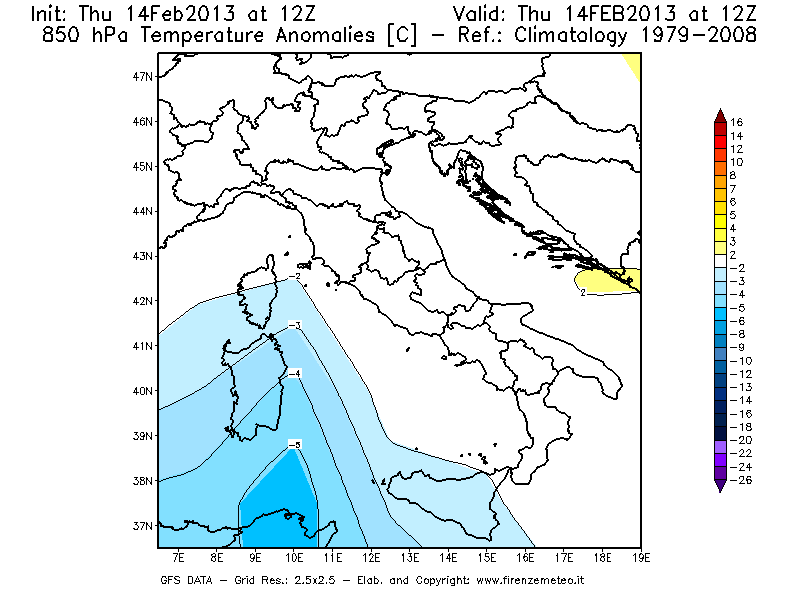 Mappa di analisi GFS - Anomalia Temperatura [°C] a 850 hPa in Italia
							del 14/02/2013 12 <!--googleoff: index-->UTC<!--googleon: index-->