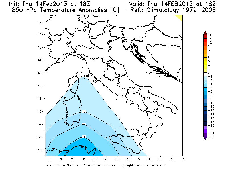 Mappa di analisi GFS - Anomalia Temperatura [°C] a 850 hPa in Italia
									del 14/02/2013 18 <!--googleoff: index-->UTC<!--googleon: index-->