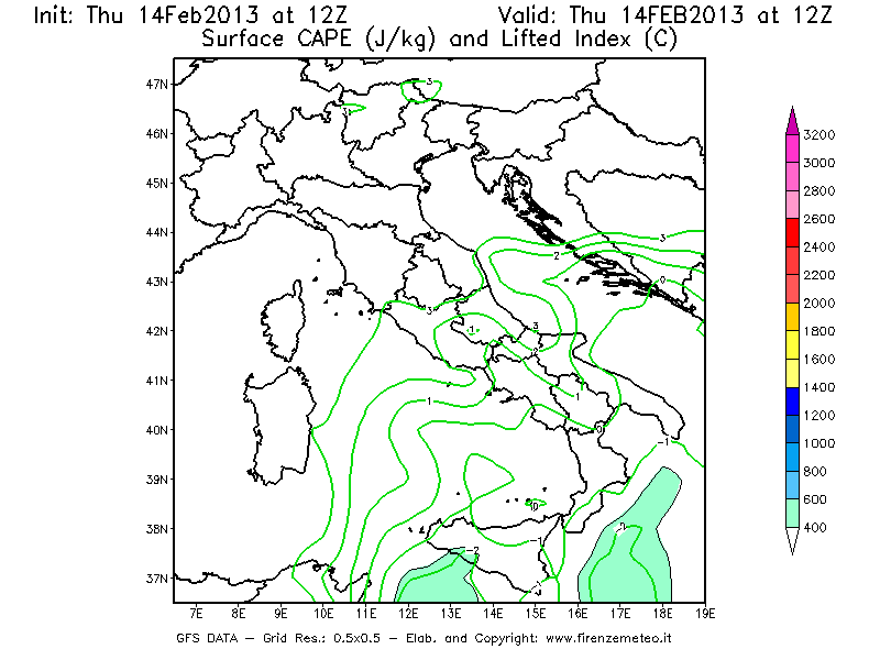 Mappa di analisi GFS - CAPE [J/kg] e Lifted Index [°C] in Italia
									del 14/02/2013 12 <!--googleoff: index-->UTC<!--googleon: index-->