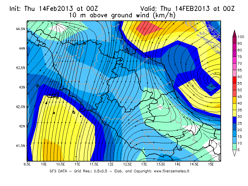 Mappa di analisi GFS - Velocità del vento a 10 metri dal suolo [km/h] in Centro-Italia
							del 14/02/2013 00 <!--googleoff: index-->UTC<!--googleon: index-->