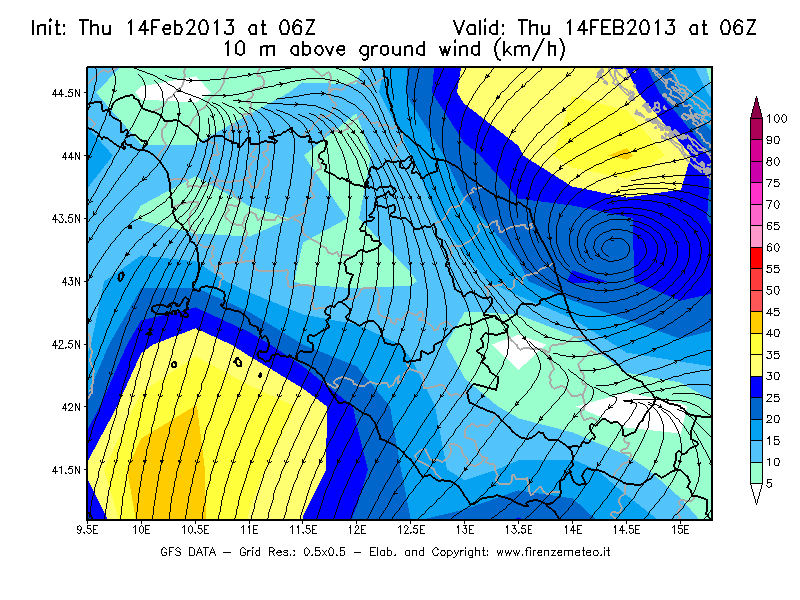 Mappa di analisi GFS - Velocità del vento a 10 metri dal suolo [km/h] in Centro-Italia
							del 14/02/2013 06 <!--googleoff: index-->UTC<!--googleon: index-->