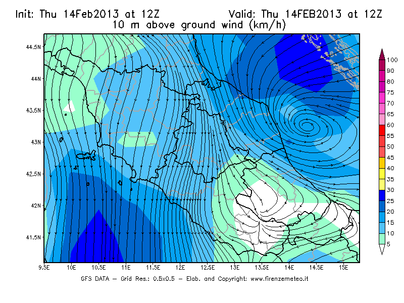 Mappa di analisi GFS - Velocità del vento a 10 metri dal suolo [km/h] in Centro-Italia
							del 14/02/2013 12 <!--googleoff: index-->UTC<!--googleon: index-->