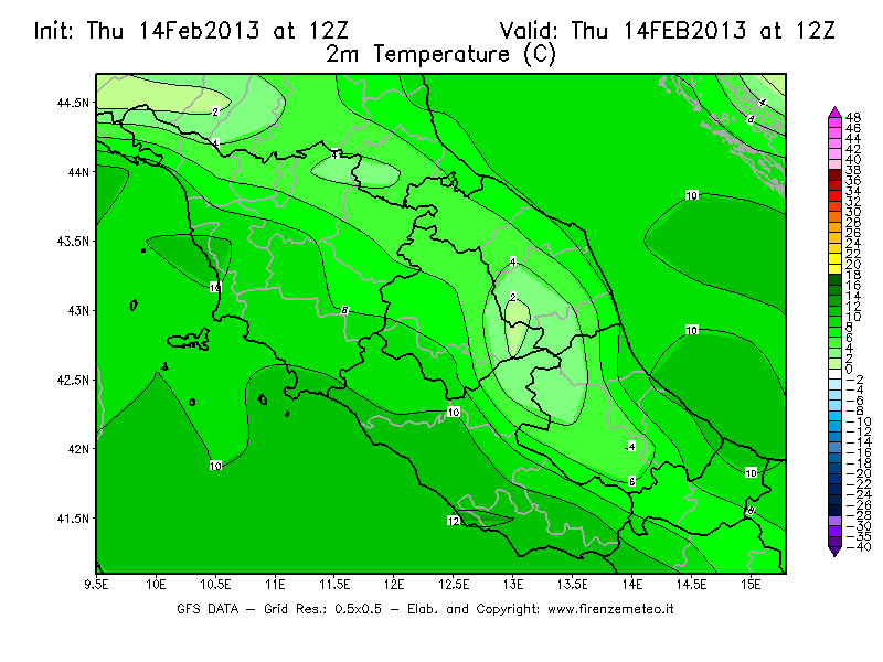 Mappa di analisi GFS - Temperatura a 2 metri dal suolo [°C] in Centro-Italia
							del 14/02/2013 12 <!--googleoff: index-->UTC<!--googleon: index-->