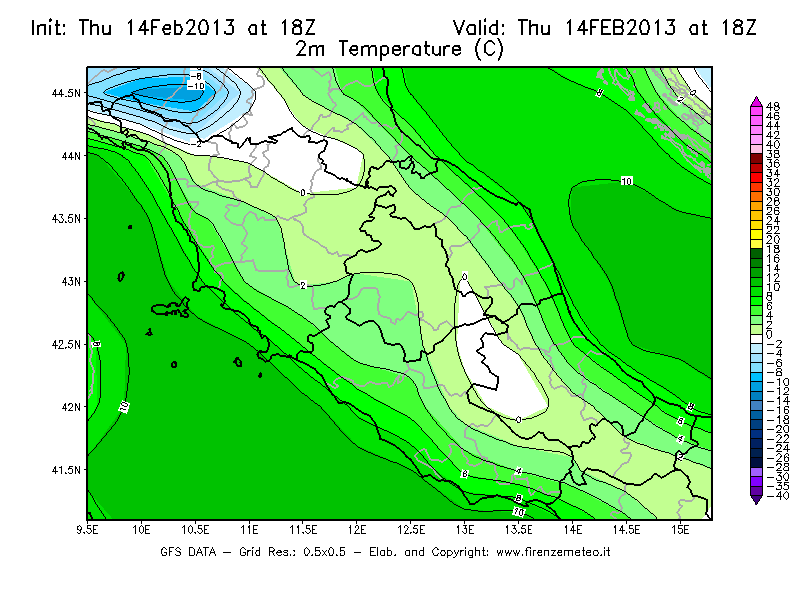 Mappa di analisi GFS - Temperatura a 2 metri dal suolo [°C] in Centro-Italia
							del 14/02/2013 18 <!--googleoff: index-->UTC<!--googleon: index-->