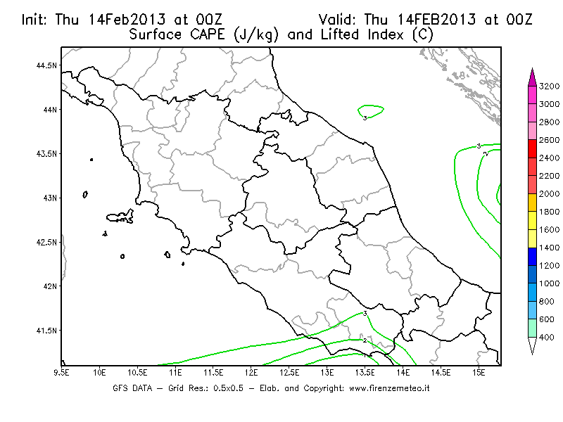 Mappa di analisi GFS - CAPE [J/kg] e Lifted Index [°C] in Centro-Italia
							del 14/02/2013 00 <!--googleoff: index-->UTC<!--googleon: index-->