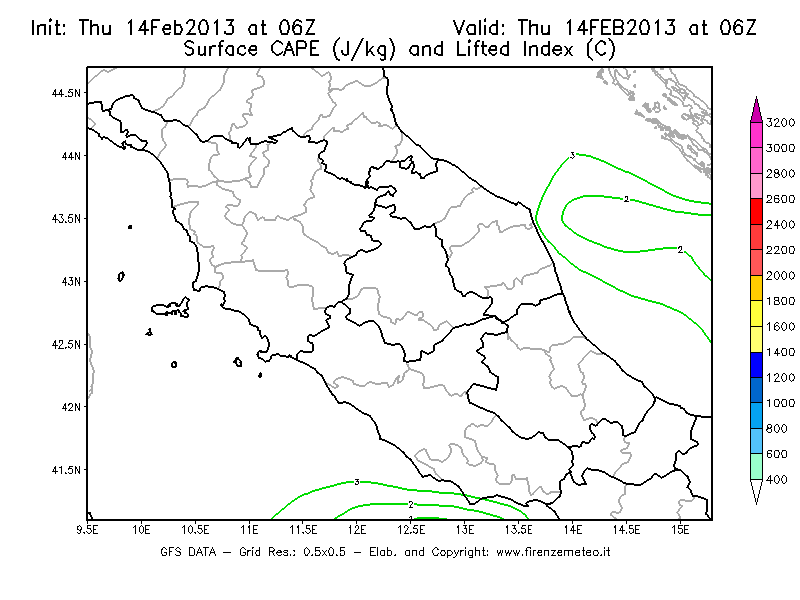 Mappa di analisi GFS - CAPE [J/kg] e Lifted Index [°C] in Centro-Italia
									del 14/02/2013 06 <!--googleoff: index-->UTC<!--googleon: index-->