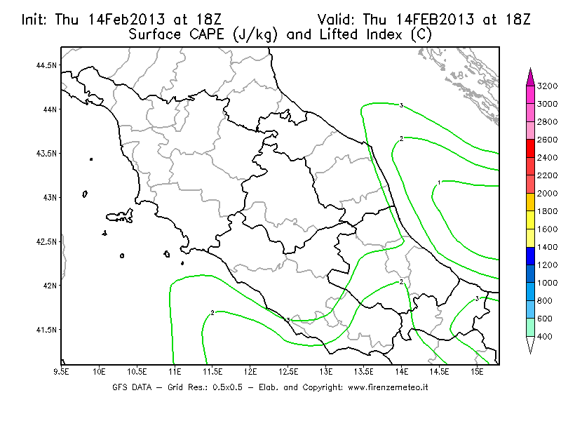 Mappa di analisi GFS - CAPE [J/kg] e Lifted Index [°C] in Centro-Italia
							del 14/02/2013 18 <!--googleoff: index-->UTC<!--googleon: index-->