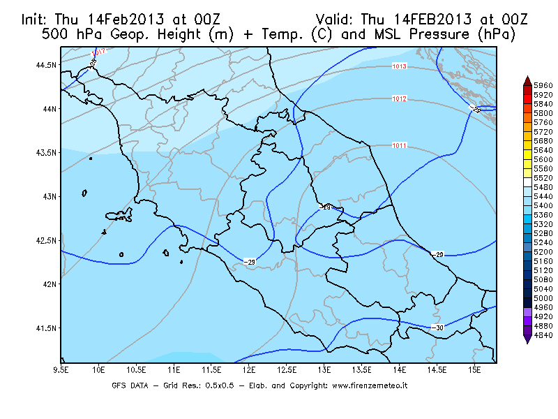 Mappa di analisi GFS - Geopotenziale [m] + Temp. [°C] a 500 hPa + Press. a livello del mare [hPa] in Centro-Italia
							del 14/02/2013 00 <!--googleoff: index-->UTC<!--googleon: index-->