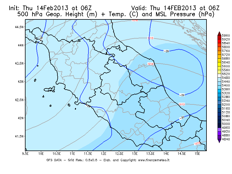 Mappa di analisi GFS - Geopotenziale [m] + Temp. [°C] a 500 hPa + Press. a livello del mare [hPa] in Centro-Italia
									del 14/02/2013 06 <!--googleoff: index-->UTC<!--googleon: index-->
