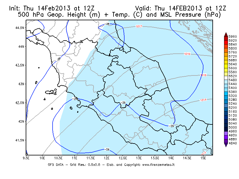 Mappa di analisi GFS - Geopotenziale [m] + Temp. [°C] a 500 hPa + Press. a livello del mare [hPa] in Centro-Italia
							del 14/02/2013 12 <!--googleoff: index-->UTC<!--googleon: index-->