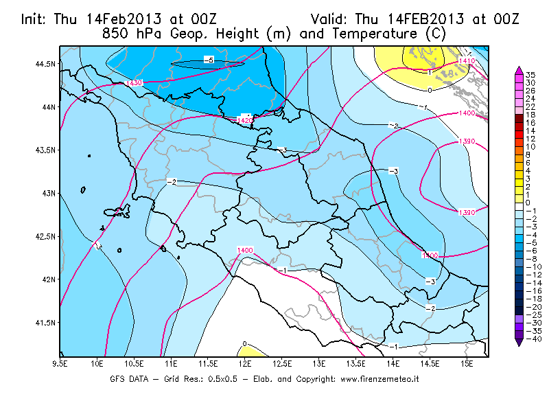 Mappa di analisi GFS - Geopotenziale [m] e Temperatura [°C] a 850 hPa in Centro-Italia
							del 14/02/2013 00 <!--googleoff: index-->UTC<!--googleon: index-->