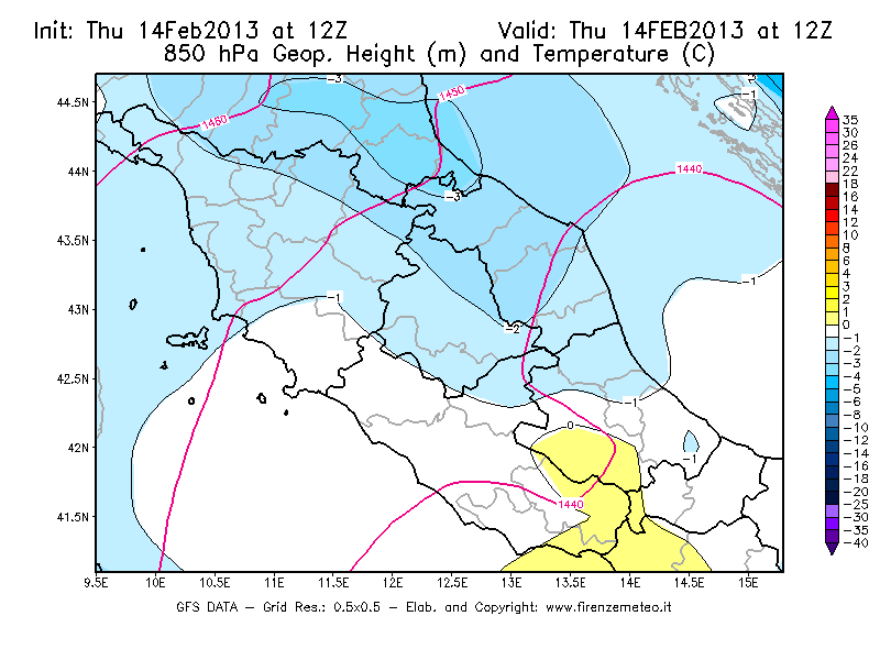 Mappa di analisi GFS - Geopotenziale [m] e Temperatura [°C] a 850 hPa in Centro-Italia
									del 14/02/2013 12 <!--googleoff: index-->UTC<!--googleon: index-->