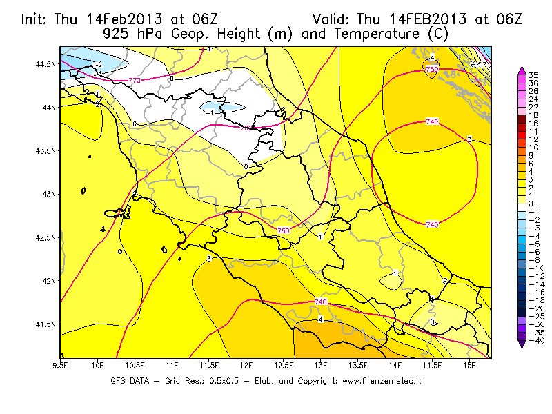 Mappa di analisi GFS - Geopotenziale [m] e Temperatura [°C] a 925 hPa in Centro-Italia
									del 14/02/2013 06 <!--googleoff: index-->UTC<!--googleon: index-->