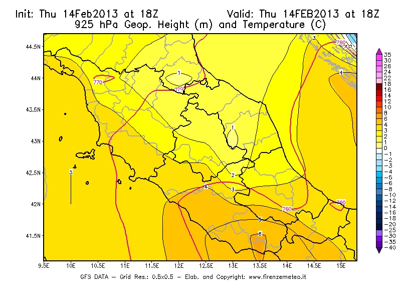 Mappa di analisi GFS - Geopotenziale [m] e Temperatura [°C] a 925 hPa in Centro-Italia
							del 14/02/2013 18 <!--googleoff: index-->UTC<!--googleon: index-->