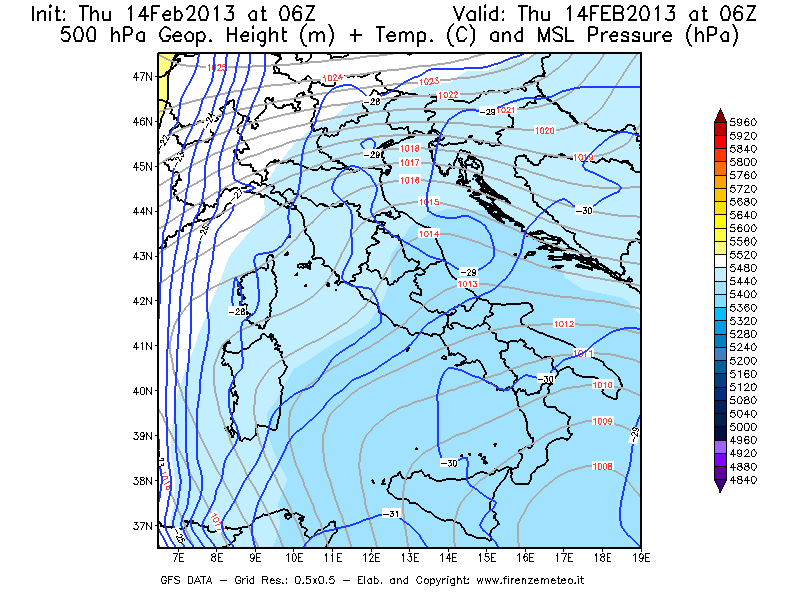 Mappa di analisi GFS - Geopotenziale [m] + Temp. [°C] a 500 hPa + Press. a livello del mare [hPa] in Italia
							del 14/02/2013 06 <!--googleoff: index-->UTC<!--googleon: index-->