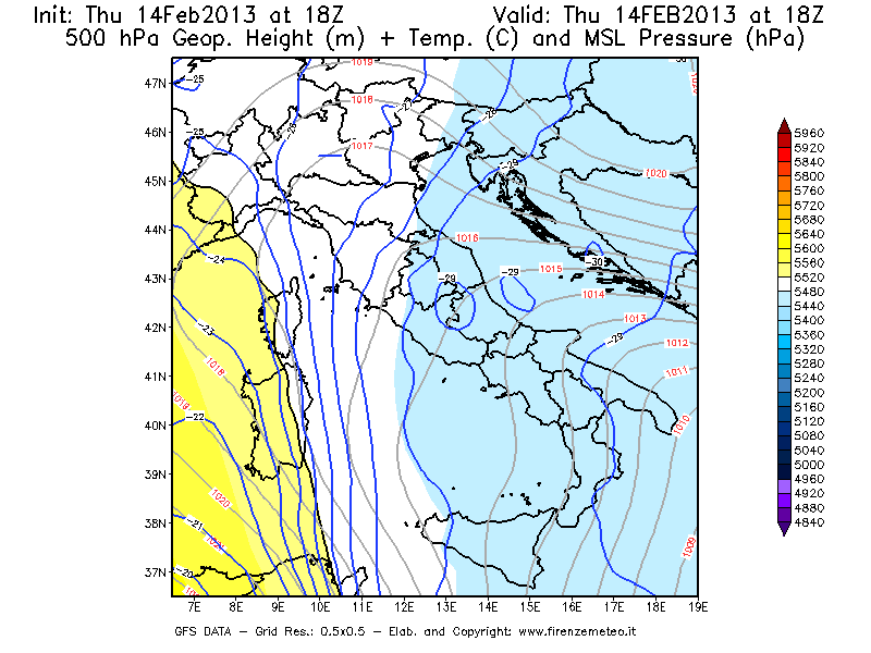 Mappa di analisi GFS - Geopotenziale [m] + Temp. [°C] a 500 hPa + Press. a livello del mare [hPa] in Italia
							del 14/02/2013 18 <!--googleoff: index-->UTC<!--googleon: index-->
