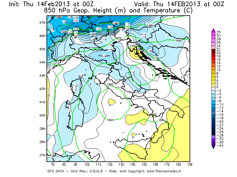 Mappa di analisi GFS - Geopotenziale [m] e Temperatura [°C] a 850 hPa in Italia
							del 14/02/2013 00 <!--googleoff: index-->UTC<!--googleon: index-->