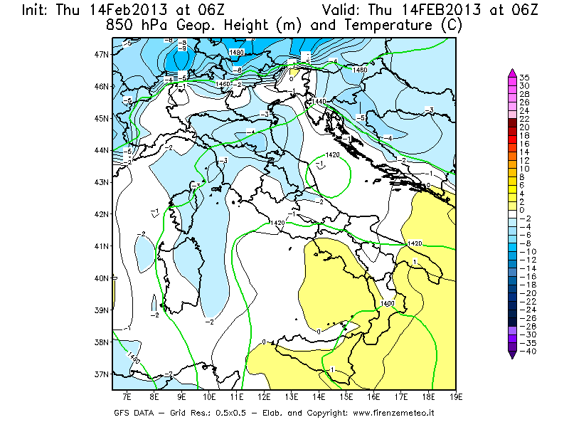 Mappa di analisi GFS - Geopotenziale [m] e Temperatura [°C] a 850 hPa in Italia
							del 14/02/2013 06 <!--googleoff: index-->UTC<!--googleon: index-->