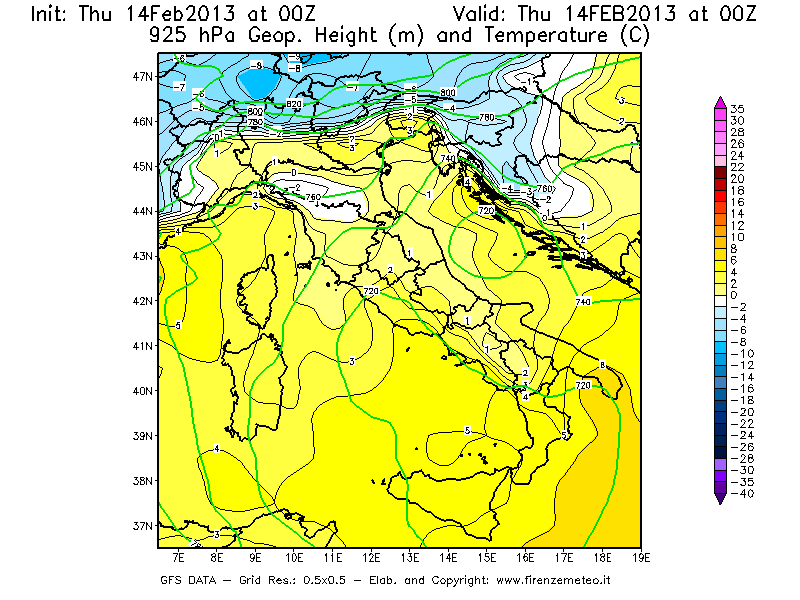 Mappa di analisi GFS - Geopotenziale [m] e Temperatura [°C] a 925 hPa in Italia
									del 14/02/2013 00 <!--googleoff: index-->UTC<!--googleon: index-->