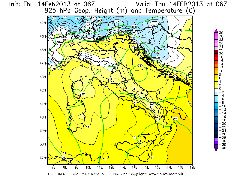 Mappa di analisi GFS - Geopotenziale [m] e Temperatura [°C] a 925 hPa in Italia
							del 14/02/2013 06 <!--googleoff: index-->UTC<!--googleon: index-->