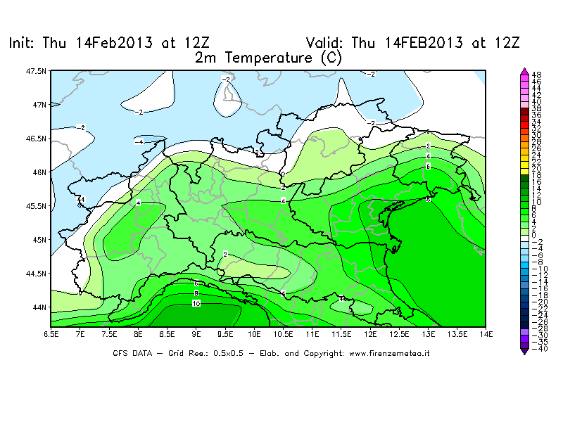 Mappa di analisi GFS - Temperatura a 2 metri dal suolo [°C] in Nord-Italia
							del 14/02/2013 12 <!--googleoff: index-->UTC<!--googleon: index-->