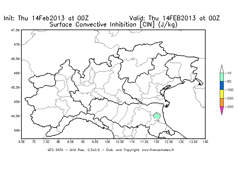 Mappa di analisi GFS - CIN [J/kg] in Nord-Italia
							del 14/02/2013 00 <!--googleoff: index-->UTC<!--googleon: index-->