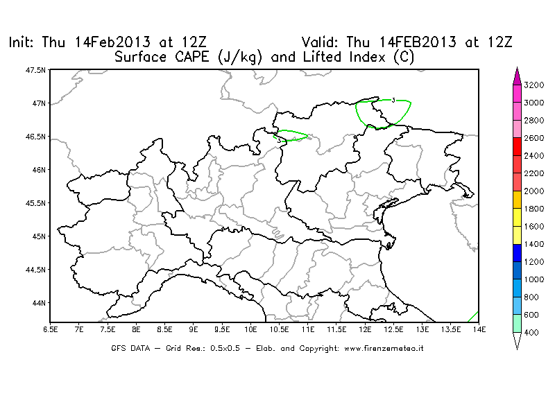 Mappa di analisi GFS - CAPE [J/kg] e Lifted Index [°C] in Nord-Italia
									del 14/02/2013 12 <!--googleoff: index-->UTC<!--googleon: index-->