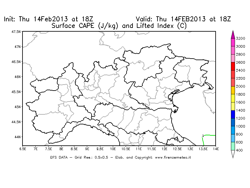 Mappa di analisi GFS - CAPE [J/kg] e Lifted Index [°C] in Nord-Italia
									del 14/02/2013 18 <!--googleoff: index-->UTC<!--googleon: index-->