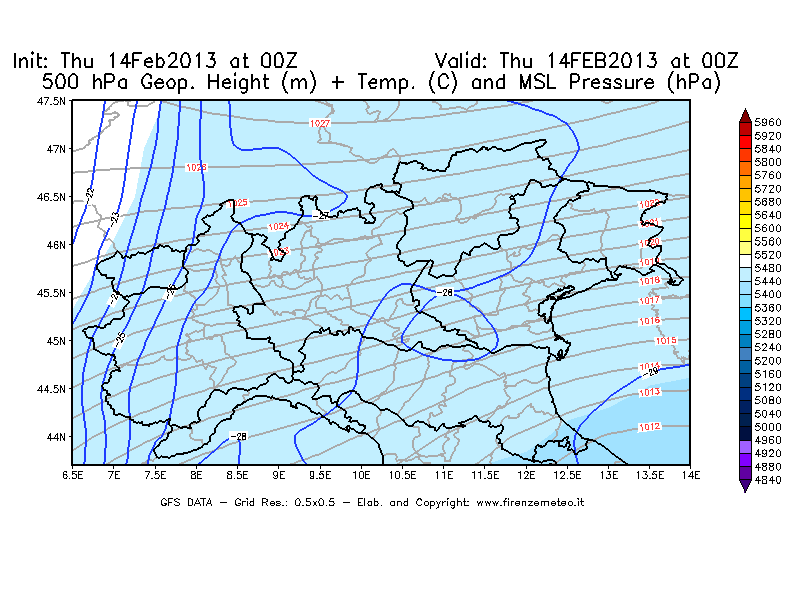 Mappa di analisi GFS - Geopotenziale [m] + Temp. [°C] a 500 hPa + Press. a livello del mare [hPa] in Nord-Italia
							del 14/02/2013 00 <!--googleoff: index-->UTC<!--googleon: index-->