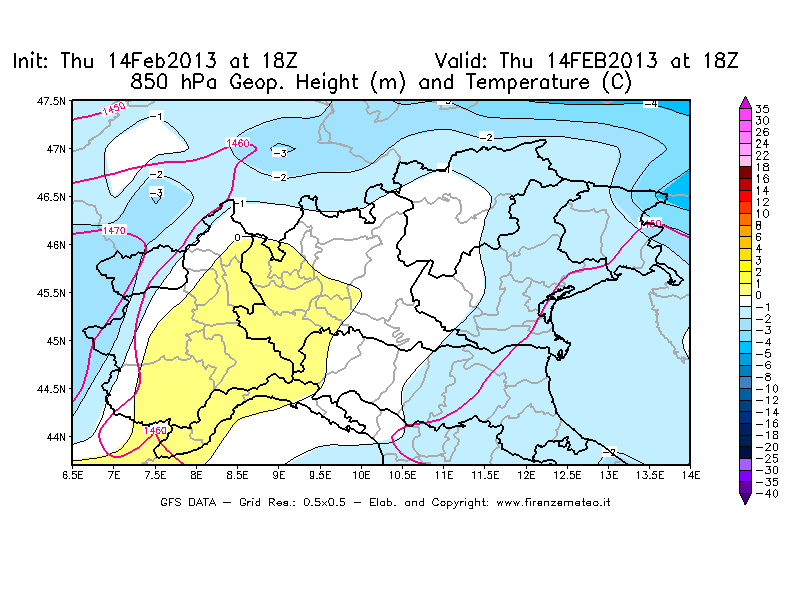 Mappa di analisi GFS - Geopotenziale [m] e Temperatura [°C] a 850 hPa in Nord-Italia
							del 14/02/2013 18 <!--googleoff: index-->UTC<!--googleon: index-->