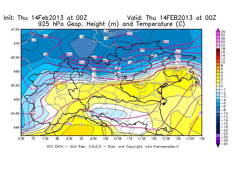 Mappa di analisi GFS - Geopotenziale [m] e Temperatura [°C] a 925 hPa in Nord-Italia
									del 14/02/2013 00 <!--googleoff: index-->UTC<!--googleon: index-->