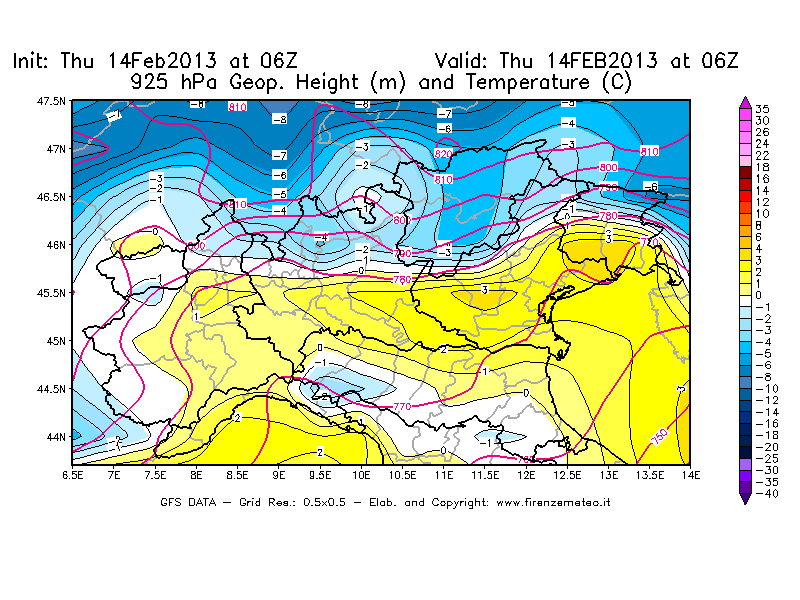 Mappa di analisi GFS - Geopotenziale [m] e Temperatura [°C] a 925 hPa in Nord-Italia
									del 14/02/2013 06 <!--googleoff: index-->UTC<!--googleon: index-->