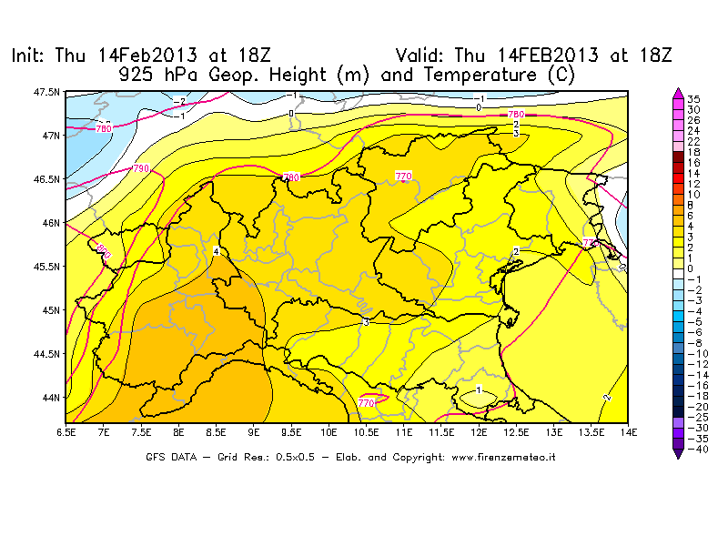 Mappa di analisi GFS - Geopotenziale [m] e Temperatura [°C] a 925 hPa in Nord-Italia
									del 14/02/2013 18 <!--googleoff: index-->UTC<!--googleon: index-->