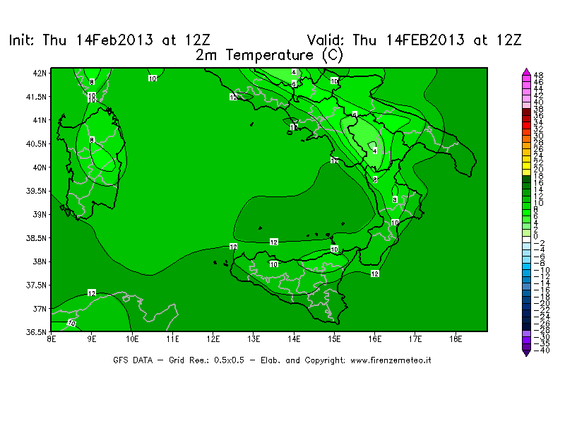 Mappa di analisi GFS - Temperatura a 2 metri dal suolo [°C] in Sud-Italia
							del 14/02/2013 12 <!--googleoff: index-->UTC<!--googleon: index-->