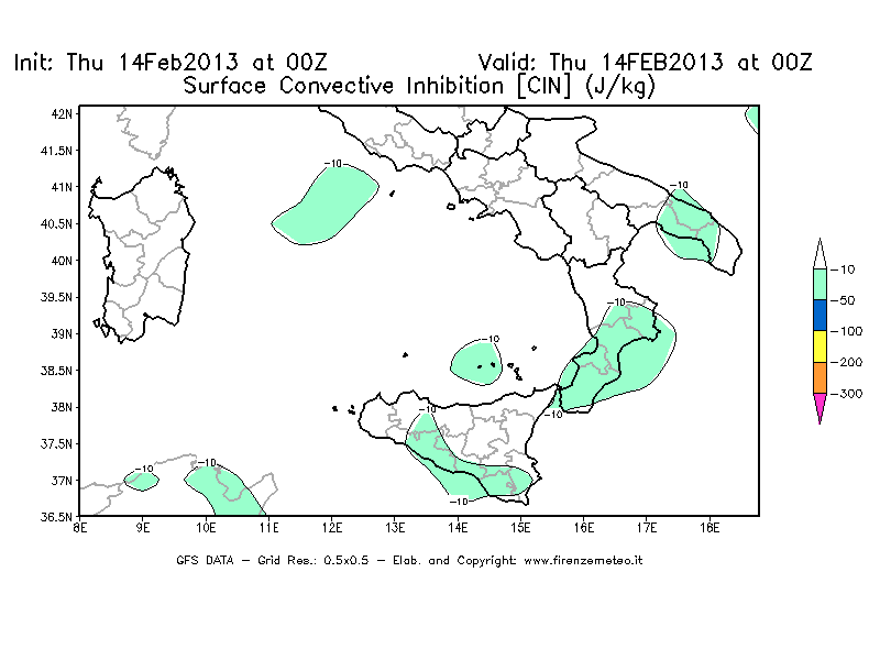 Mappa di analisi GFS - CIN [J/kg] in Sud-Italia
									del 14/02/2013 00 <!--googleoff: index-->UTC<!--googleon: index-->