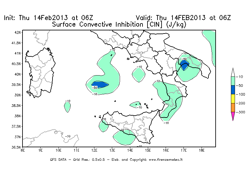 Mappa di analisi GFS - CIN [J/kg] in Sud-Italia
									del 14/02/2013 06 <!--googleoff: index-->UTC<!--googleon: index-->