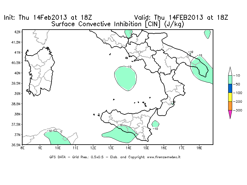 Mappa di analisi GFS - CIN [J/kg] in Sud-Italia
							del 14/02/2013 18 <!--googleoff: index-->UTC<!--googleon: index-->