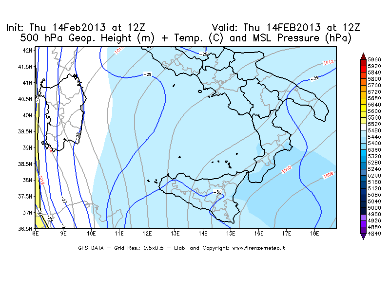 Mappa di analisi GFS - Geopotenziale [m] + Temp. [°C] a 500 hPa + Press. a livello del mare [hPa] in Sud-Italia
							del 14/02/2013 12 <!--googleoff: index-->UTC<!--googleon: index-->